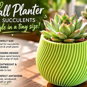 May include: A bright lime green planter with a textured spiral pattern containing a green succulent. The text reads: Small Planter FOR SUCCULENTS big style in a tiny size! PERFECT SIZE, MODERN DESIGN, LIGHTWEIGHT & DURABLE, PERFECT ANYWHERE.