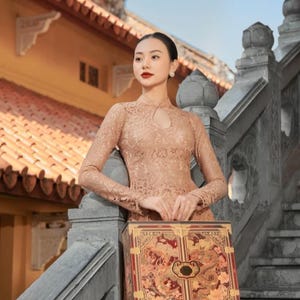 Beige Sheer Ao Dai, Lace Ao Dai, Ao Dai Tet, Ao Dai Cach Tan, Floral Embroidered, Modern Ao Dai, Asian Lingerie, Cocktail Party Gown - I06