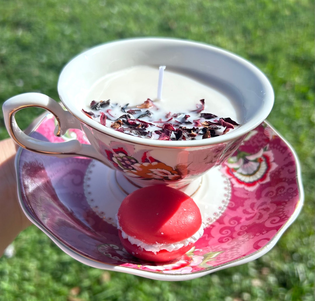 Tea Cup Candle With Side of Macaroon Wax Melt - Etsy