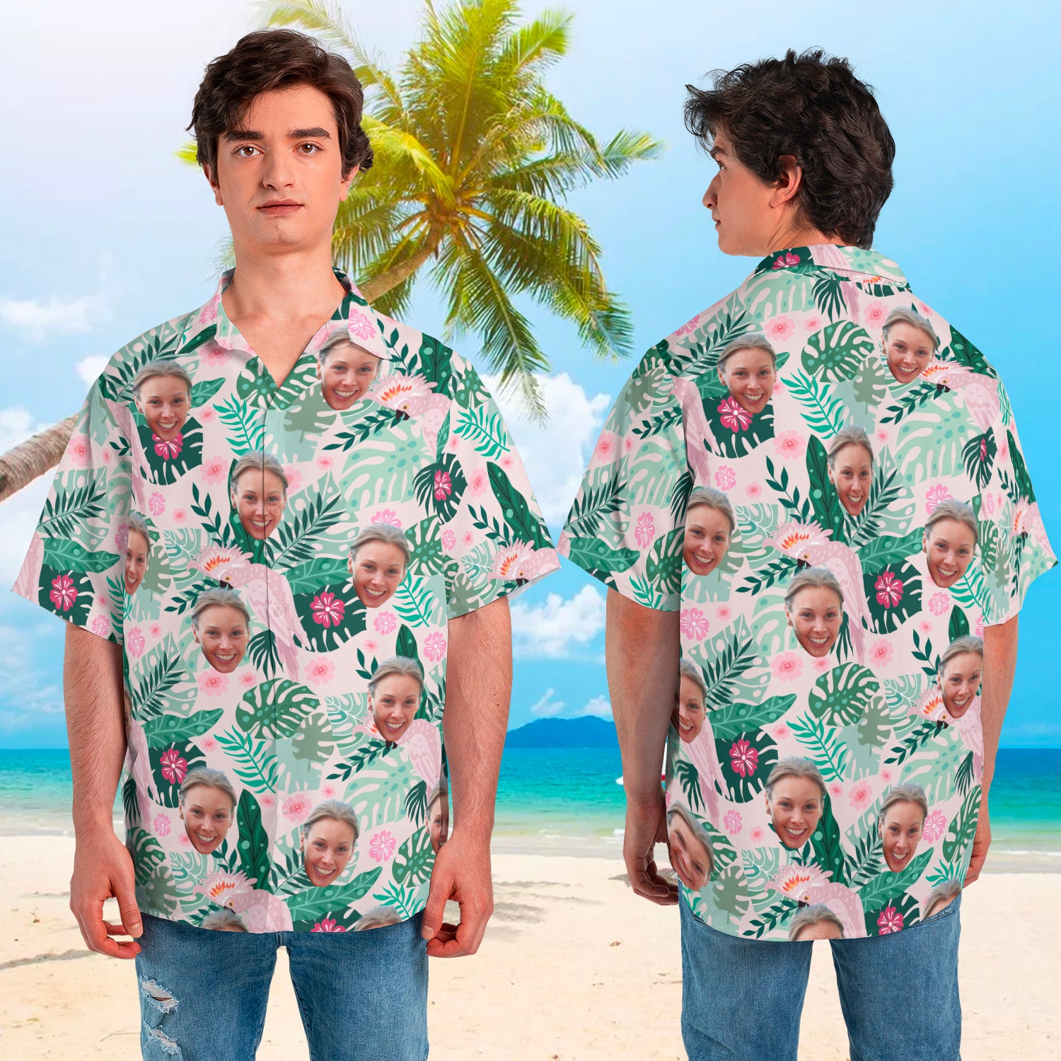 Discover Custom Hawaiian Shirt with Face, Hawaiian Couple Shirt, Tropical Shirt for Men Women Kids, Personalized Photo Hawaiian Shirt