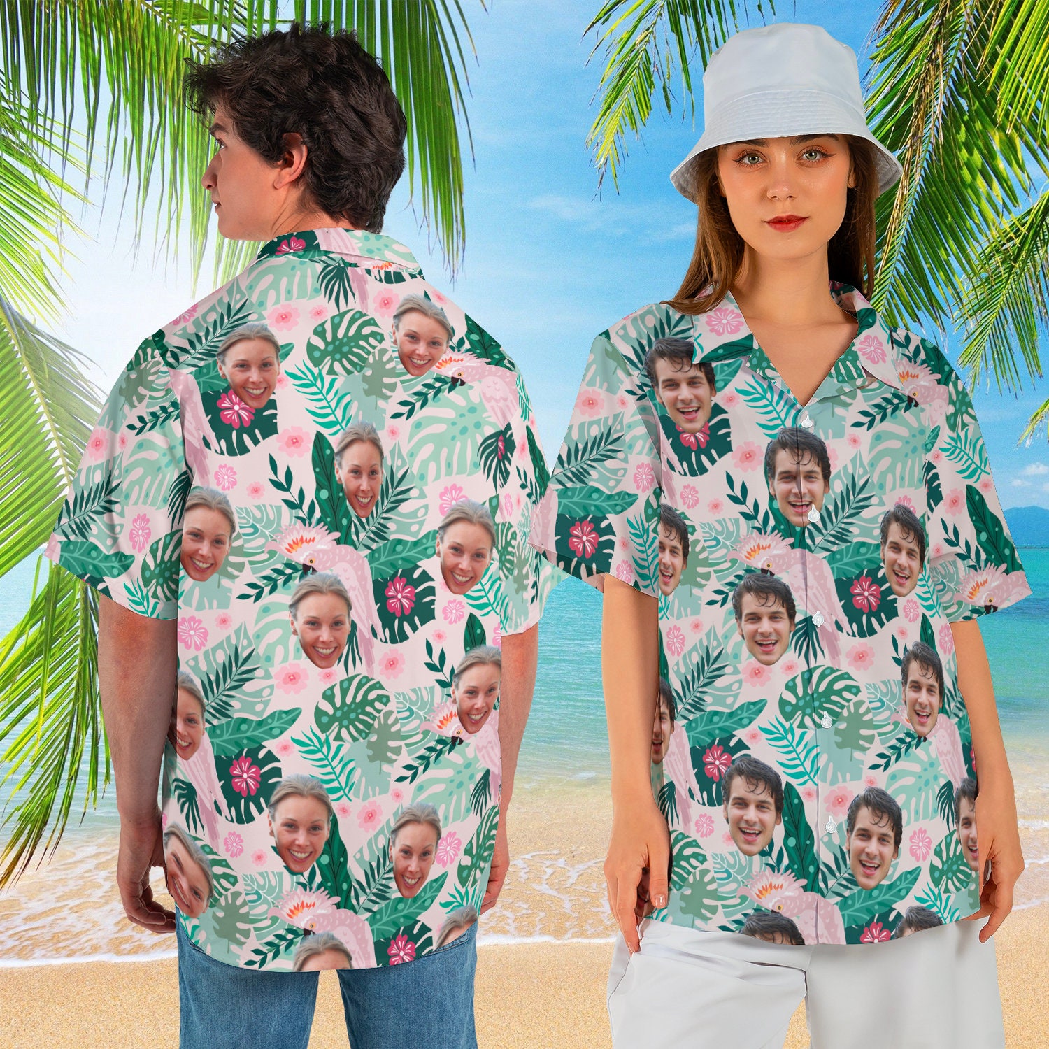 Discover Custom Hawaiian Shirt with Face, Hawaiian Couple Shirt, Tropical Shirt for Men Women Kids, Personalized Photo Hawaiian Shirt