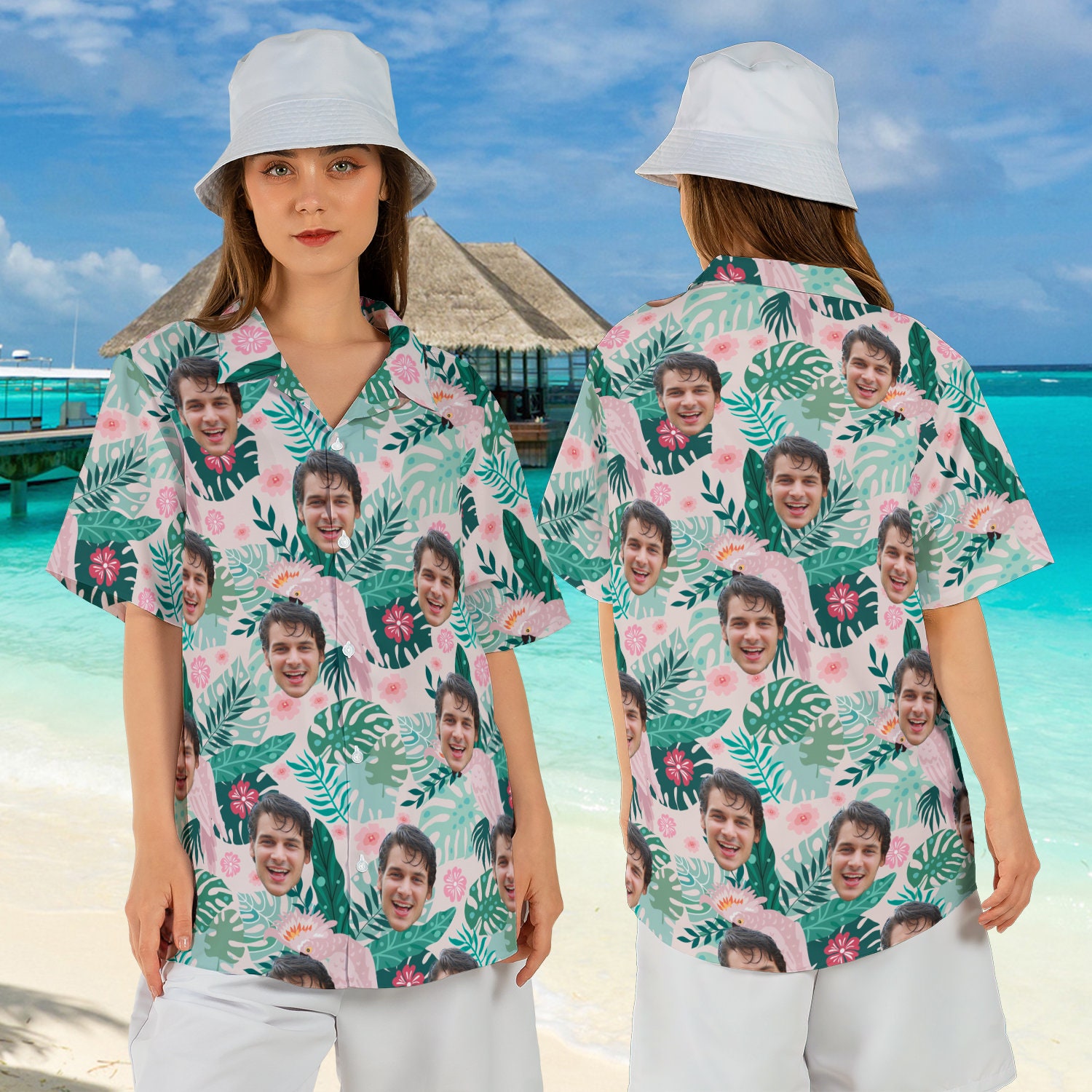 Discover Custom Hawaiian Shirt with Face, Hawaiian Couple Shirt, Tropical Shirt for Men Women Kids, Personalized Photo Hawaiian Shirt