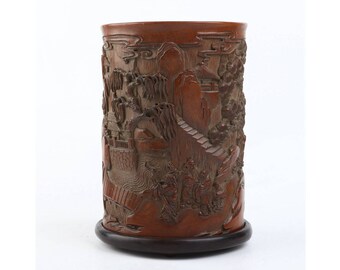 Antique Chinese Bamboo Carving Landscape and Figure Brush Pot