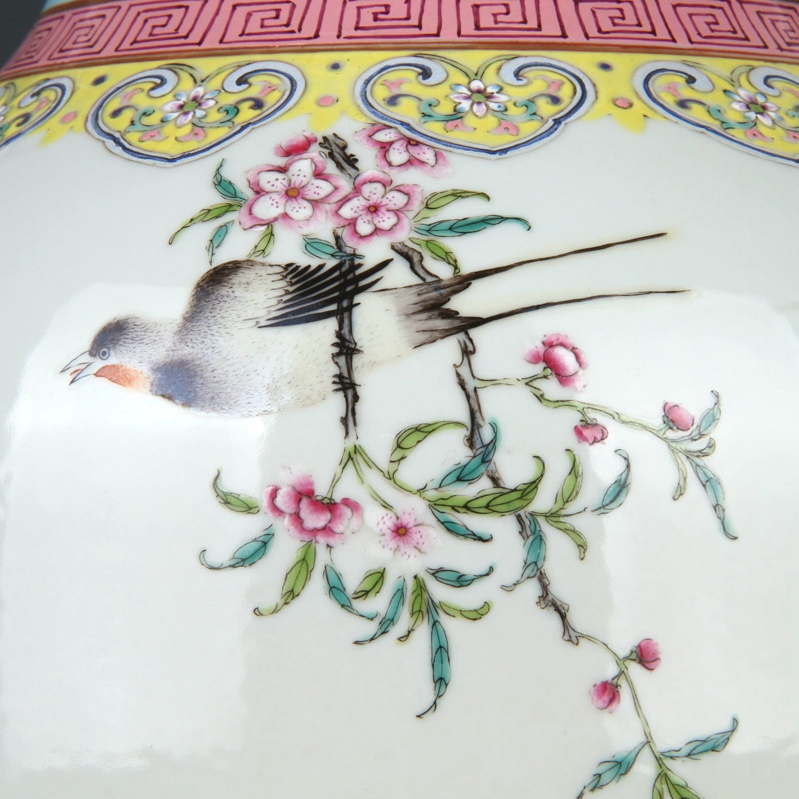 Vase Oriental Vintage Famille Rose – Jaune, Motif Oiseau Et Fleur, Porcelaine Asiatique