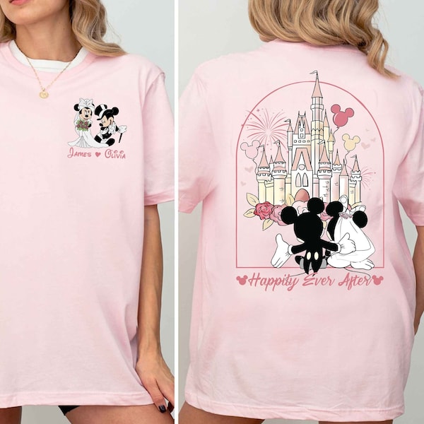 Two-sided Mickey Minnie Couple Disney Wedding Happily Ever After Shirt, WDW Disneyland Castle Wife Husband Honeymoon Trip 2024, Disney Bride