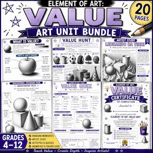 May include: An art unit bundle featuring 20 pages of educational worksheets, quizzes, and a certificate of completion focused on the element of art: value. The pages include diagrams of light and shadow, an artist study of Leonardo da Vinci, and activities for grades 4-12, all presented in a purple and white colour scheme.