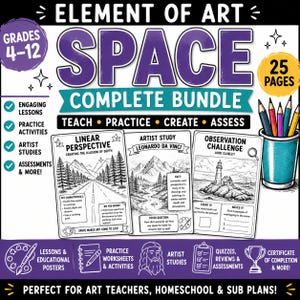 Op de afbeelding: Een educatief pakket getiteld Element of Art Space voor groep 6 tot en met klas 6, met 25 pagina's aan lessen, oefenactiviteiten, kunstenaarsstudies en beoordelingen. De omslag toont drie werkbladen met lijntekeningen en een beker met kleurpotloden.