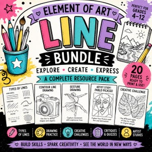 Pode incluir: Um pacote de recursos artísticos educativos intitulado Element of Art Line Bundle, com texto colorido, um porta-lápis, um caderno de esboços e cinco fichas de trabalho sobre tipos de linhas, contorno, gesto, Picasso e desafios criativos.