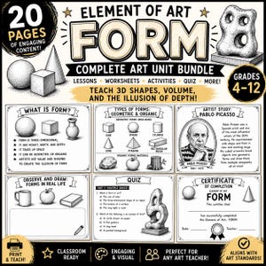 Könnte beinhalten: Ein 20-seitiges Kunst-Unterrichtspaket mit dem Titel Element of Art Form für die Klassen 4-12. Das Lehrmaterial enthält schwarz-weiße Illustrationen geometrischer und organischer Formen, eine Künstlerstudie zu Pablo Picasso, Arbeitsblätter und ein Zertifikat.
