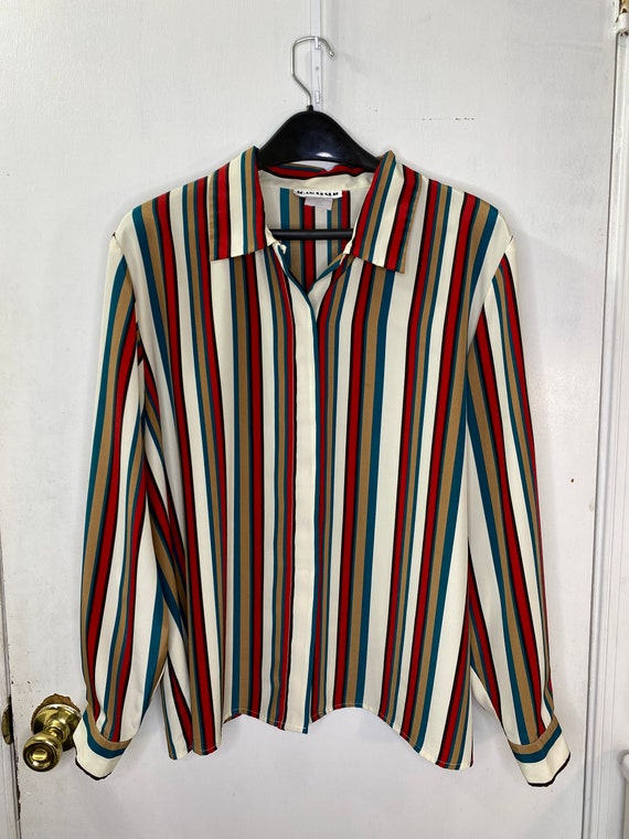 Joan Leslie Colorblock Striped Button Up Blouse Wo