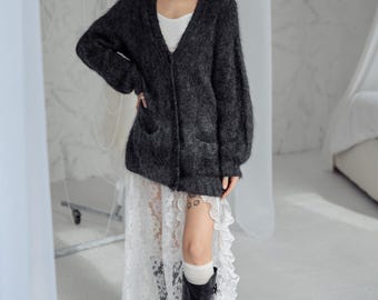 Cárdigan de mohair de punto grueso hecho a mano: 70 % alpaca, estilo moderno
