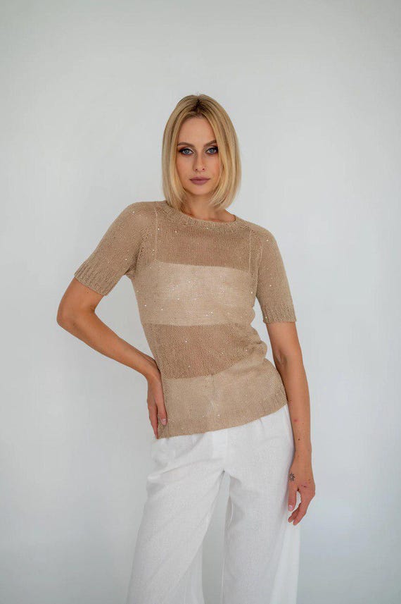 Linen T-shirt Women, Linen Top Knitting, Summer Top, Women's