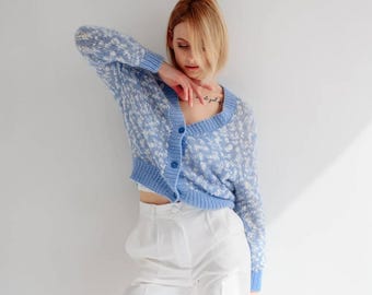 Light Blue Mohair Knit Cardigan: Chunky Alpaca Blend