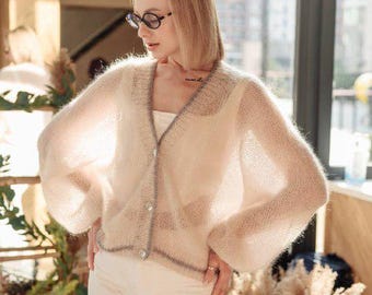 Cárdigan de punto de mohair hecho a mano: suéter holgado y mullido