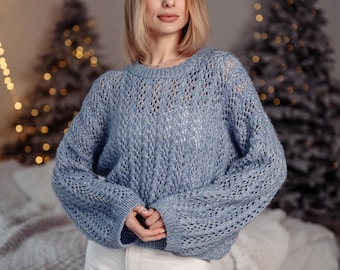 Handknit Light Blue Alpaca Sweater: Women's Mohair Pullover