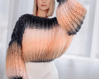 Gradient Mohair Knitted Sweater, Cropped Pullover