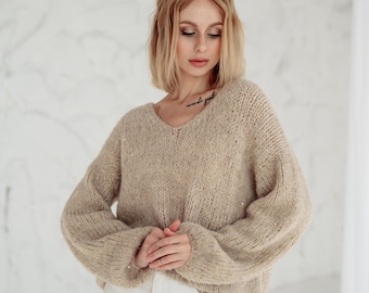 Suéter de punto de alpaca texturizado: jersey beige extragrande