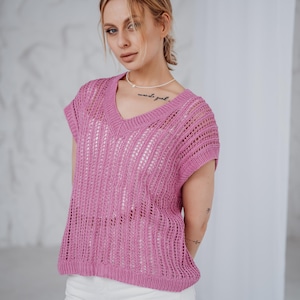 Haut en coton, tricot rose, haut d&#39;été fait main, style bohème chic, haut en tricot pour femme, haut en tricot de coton rose, pull d&#39;été léger