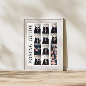 Puede incluir: Un marco blanco con una impresión que muestra una "POSING GUIDE" en texto vertical. La guía presenta una serie de nueve imágenes que muestran a una persona en varias poses. Las imágenes están dispuestas en una cuadrícula, cada pose numerada para facilitar la referencia.