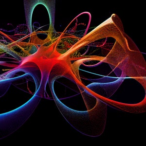May include: Abstract digital art with swirling lines in shades of red, orange, blue, and purple on a black background.
