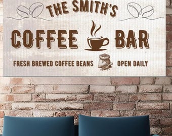 Custom Farmhouse Coffee Bar Canvas Sign, Personalized Name Kitchen Wall Art