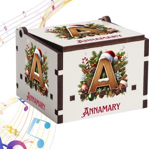 Personalized Christmas Name & Initial Gift Music Box: Engraved Wooden Holiday Decoration