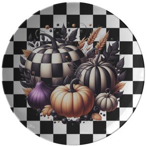 Halloween Plate with Pumpkins and Black and White Checkered Design Festive Fall Tableware Autumn Dinner Party Serving Plate
