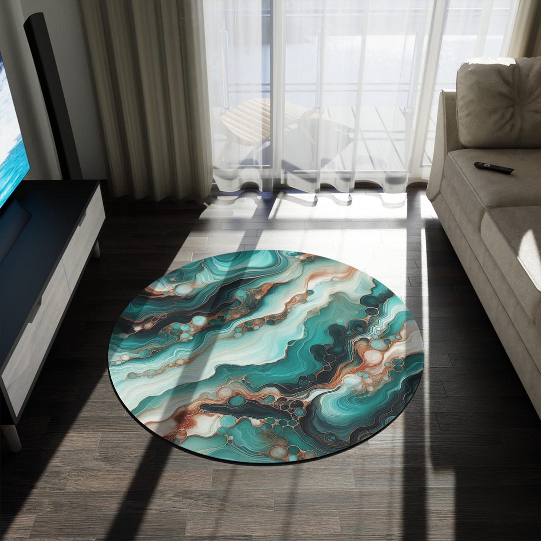 Round Rug, Turquoise Granite Look Area Rug, Blue Stone Design Carpet ...
