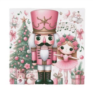 Op de afbeelding: Een roze en witte kerst-illustratie met een notenkraker en een ballerina. De notenkraker draagt een roze hoed en een rood-gouden uniform. De ballerina draagt een roze tutu en een bloemenkrans. De illustratie is geplaatst tegen een achtergrond van een kerstboom, cadeaus en muzieknoten.