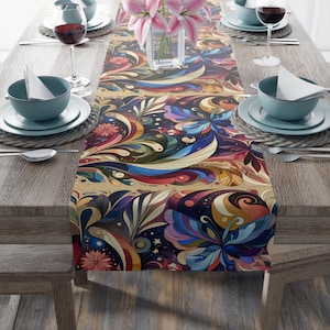 Whimsical Floral Table Runner | Artistic Cotton & Poly Decor, Spring Table Setting, Boho Chic Home Accent, Gift for Her, Dining Accessories