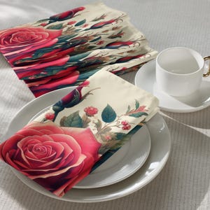 Red Roses Cloth Napkin Set: Floral Polyester Dining Decor