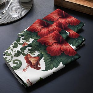 Red Hibiscus Cloth Napkin Set of 4 - Reusable Floral Dinner Napkins for Weddings & Home Decor