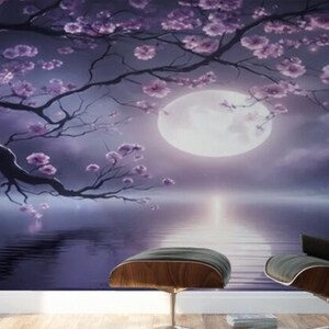 Purple Moonlight Mural Art – Dreamy Night Sky Wall Decor for Home & Office