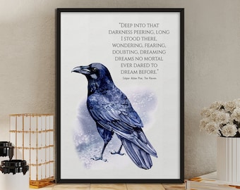 The Raven Print, Edgar Allan Poe, Halloween Decor, Autumn Home Decor, Halloween Prints, Vintage Bird Prints, Raven Wall Art