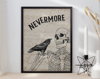 Nevermore, Edgar Allan Poe Print, Raven Print, Halloween Decor, Edgar Allan Poe Art, Halloween Prints, Vintage Bird Prints, Gothic Art