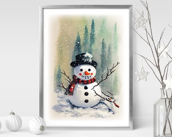 Winter Snowman Print, Christmas Printable Wall Art, Watercolor Painting, Winter Prints, Snowman Painting, Instant Digital Download