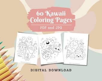 Kawaii Coloring Pages, 60 Pages, Cute Coloring, Kawaii Gifts, Cute Kawaii, Kawaii Anime, Kawaii Food, Kawaii Coloring, Digital Download