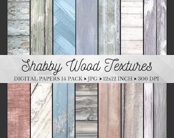 May include: A set of 14 digital papers featuring shabby chic wood textures in various colors and patterns. The papers are 12x12 inches and 300 DPI.