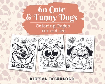 Páginas para colorir de cães fofos e engraçados, 60 páginas, páginas para colorir fofas, livro para colorir em PDF para impressão, coloração digital de cães peculiares, download instantâneo