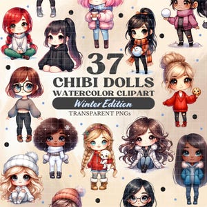 Chibi Clipart Set of 37, Winter Edition, Watercolor Cute Kawaii Anime Clipart, Transparent PNG, Komercyjne zastosowanie, Natychmiastowe pobieranie cyfrowe