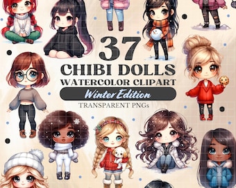 Chibi Clipart Set of 37, Winter Edition, Watercolor Cute Kawaii Anime Clipart, Transparent PNG, Commercial Use, Instant Digital Download