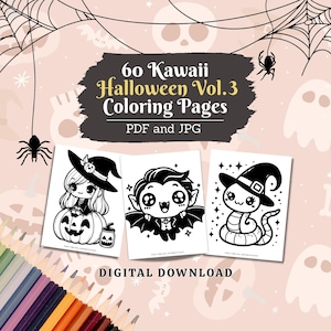 Creepy Kawaii Halloween Coloring Pages Vol. 3, 60 Pages, Cute Coloring for Kids, Kawaii Anime, Halloween Coloring Book Digital Download