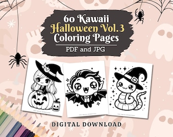 Creepy Kawaii Halloween Coloring Pages Vol. 3, 60 Pages, Cute Coloring for Kids, Kawaii Anime, Halloween Coloring Book Digital Download