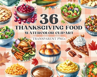 Watercolor Thanksgiving Food Clipart, Turkey Dinner, Autumn Food, Thanksgiving Png Bundle, Watercolor Clipart Instant Digital Download