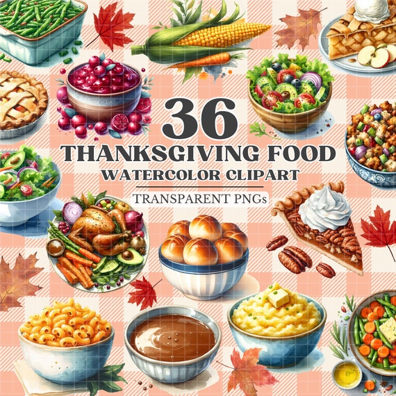 Watercolor Thanksgiving Food Clipart, Turkey Dinner, Autumn Food, Thanksgiving Png Bundle, Watercolor Clipart Instant Digital Download