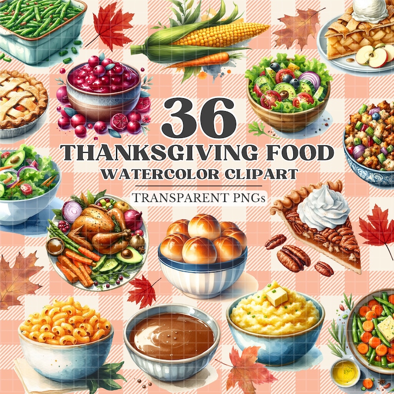 May include: A collection of 36 watercolor Thanksgiving food illustrations. The illustrations include a variety of dishes, such as turkey, mashed potatoes, gravy, stuffing, cranberry sauce, green beans, cornbread, pumpkin pie, and pecan pie. The illustrations are perfect for creating Thanksgiving-themed crafts, cards, and decorations.