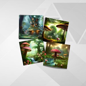 May include: Four digital illustrations of a whimsical forest with mushrooms. The first image shows a mushroom house with glowing windows. The second image shows a large mushroom with a green cap. The third image shows a mushroom with red and white spots. The fourth image shows a mushroom with a red cap and a pond in the background.