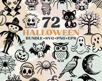 Halloween SVG Bundle, Set aus 72 geschnittenen Dateien für Cricut, Halloween Silhouette Clipart, Kürbis, Hexe, Gespenst, SVG Png Eps digitaler Download