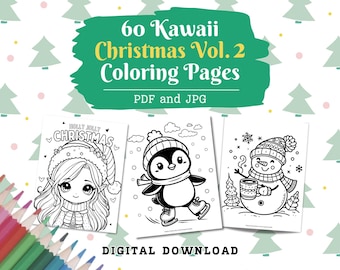 Kawaii Julmålarbilder Vol. 2, 60 Sidor, Söt Målarbok, Söt Kawaii Anime, Kawaii Målarbok, Jultomten, Alv, Snögubbe, Digital Nedladdning