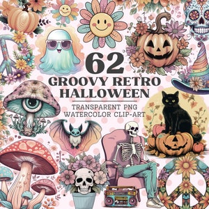 Groovy Retro Hippie Halloween Clipart Set, Watercolor Transparent PNGs, Daisy Flower Ghost Mushrooms Skeleton Bat Skull Png, Commercial Use